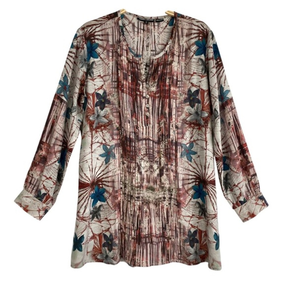 Tolani Collection Pintuck Watercolor Floral Tunic Top Blouse Size SP Maroon Boho